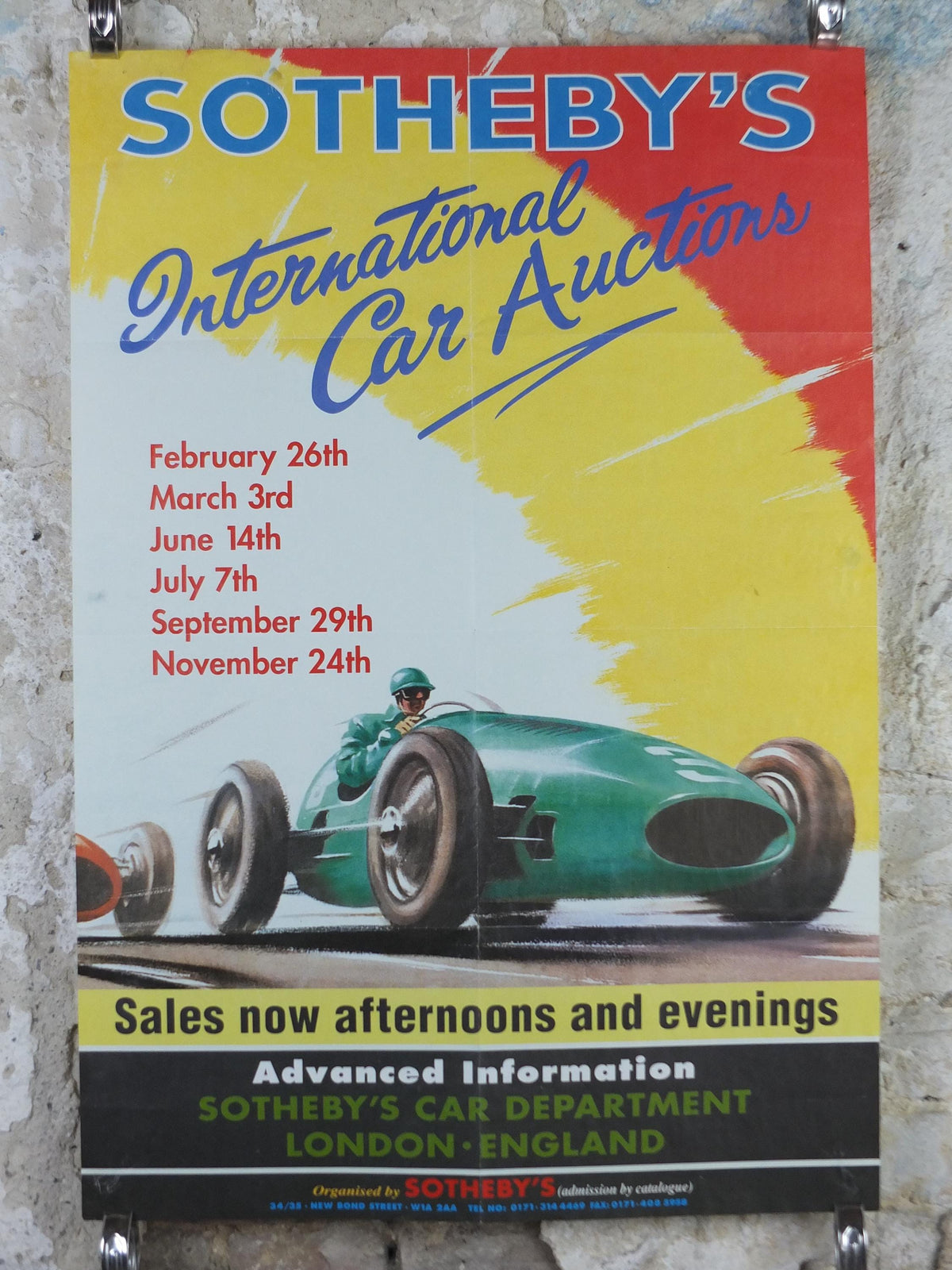 1980s Sothebys International Car Auction Poster, car auction advertising, Sotheby's London, retro sports car wall art decor