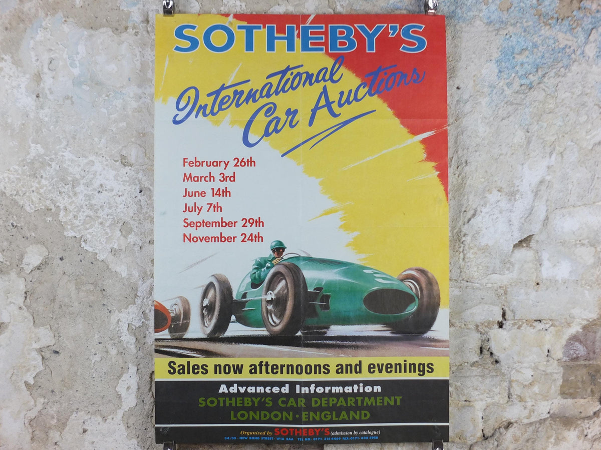 1980s Sothebys International Car Auction Poster, car auction advertising, Sotheby's London, retro sports car wall art decor