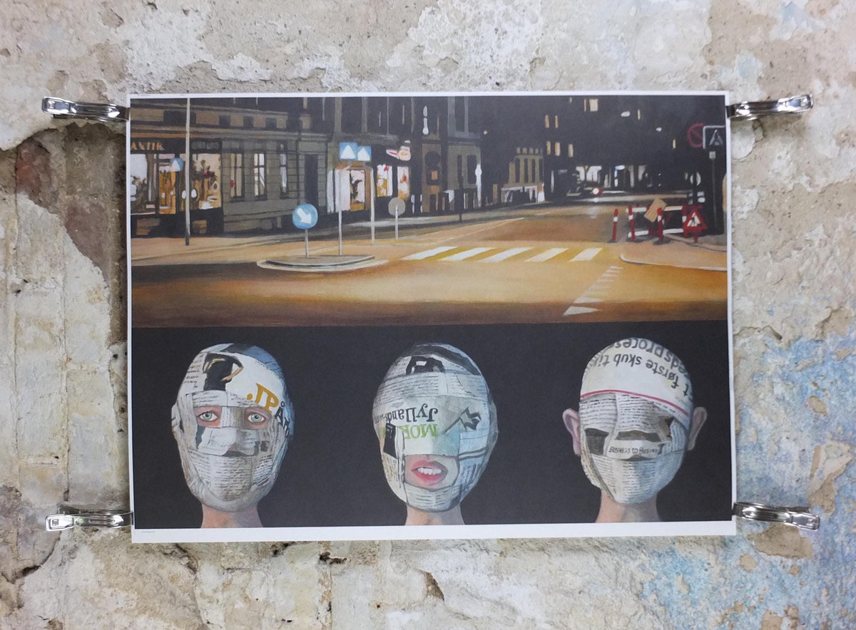 2016 Niels Rahbæk Poster, Anti-media Night Cityscape, Blinded by News, Social Media Propaganda, Scandinavian Danish Design, wall art decor