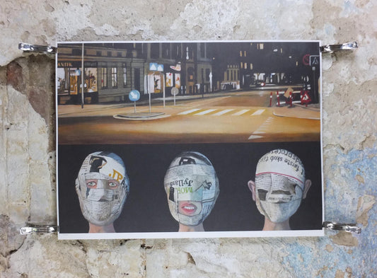 2016 Niels Rahbæk Poster, Anti-media Night Cityscape, Blinded by News, Social Media Propaganda, Scandinavian Danish Design, wall art decor