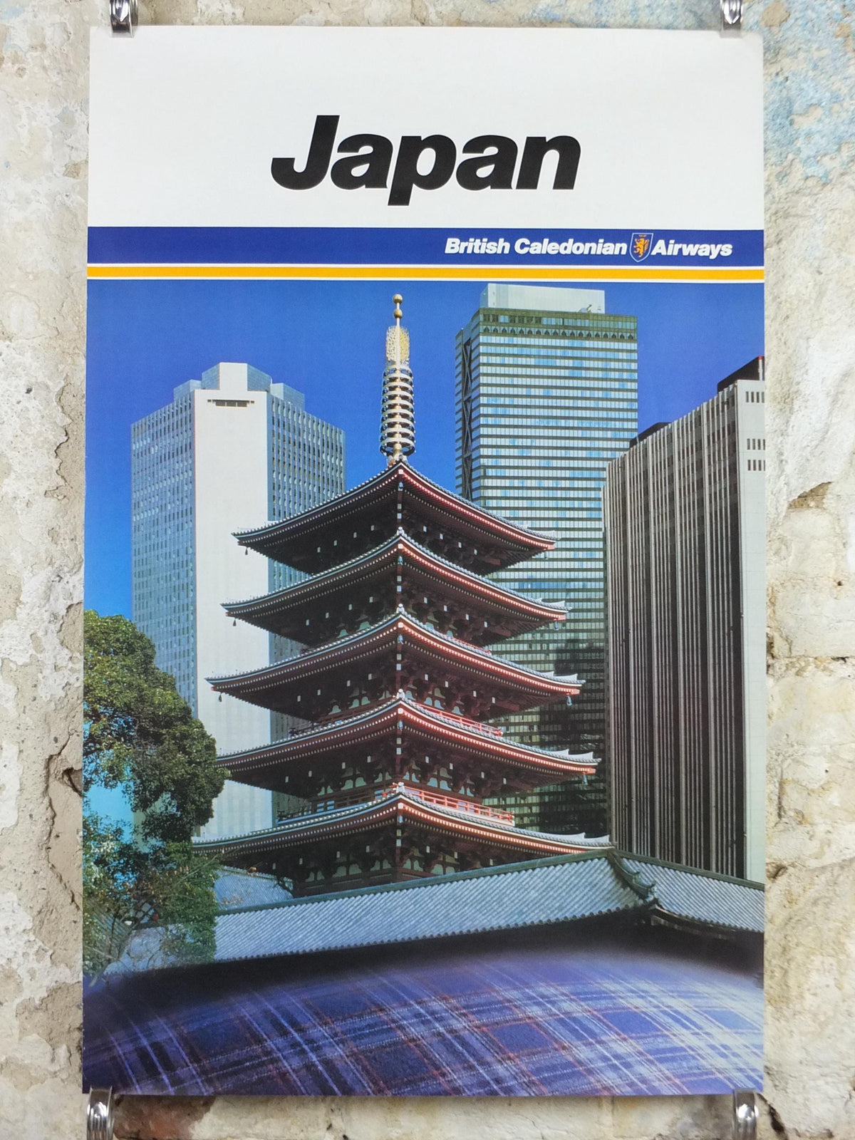 1970s Japan Poster, British Caledonian Airways, Zojoji Temple 増上寺, Tartan Aviation, travel wall art decor
