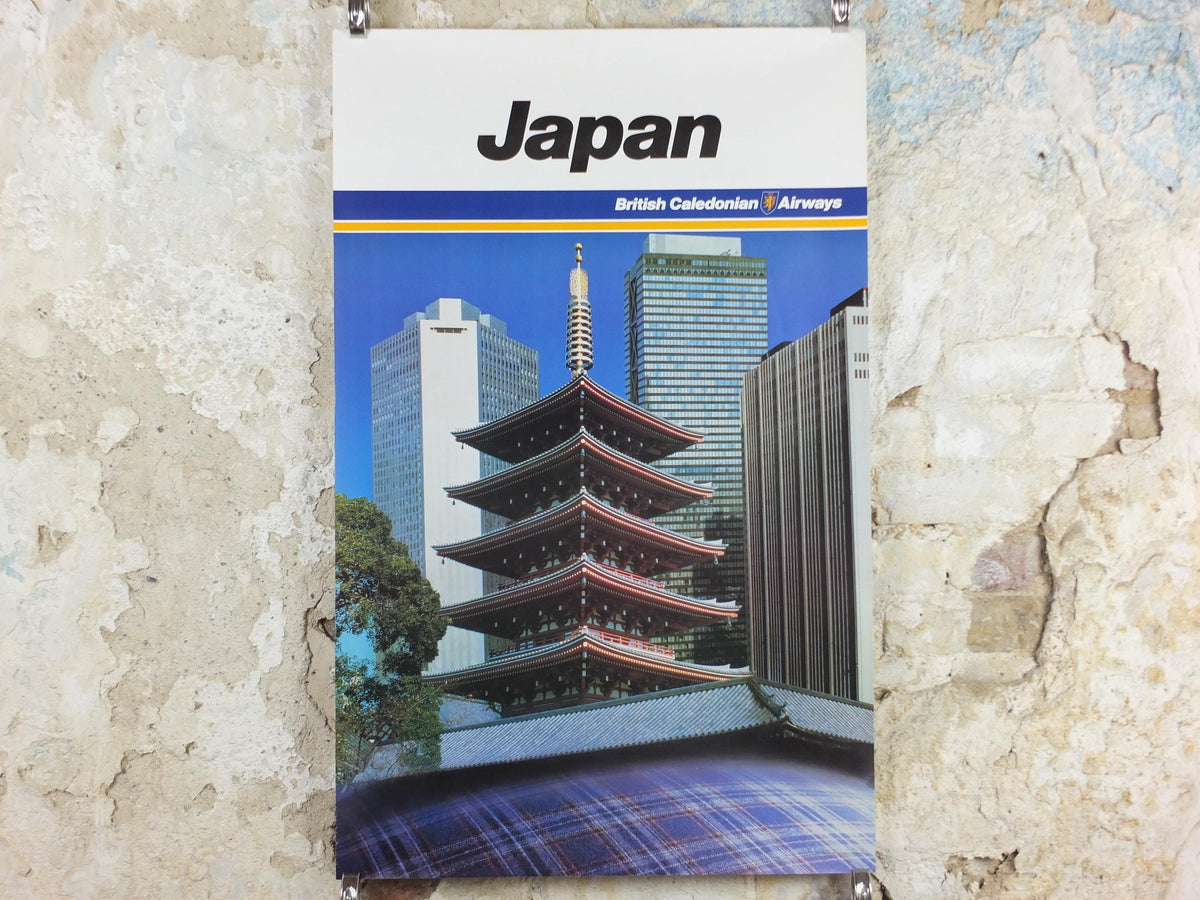 1970s Japan Poster, British Caledonian Airways, Zojoji Temple 増上寺, Tartan Aviation, travel wall art decor
