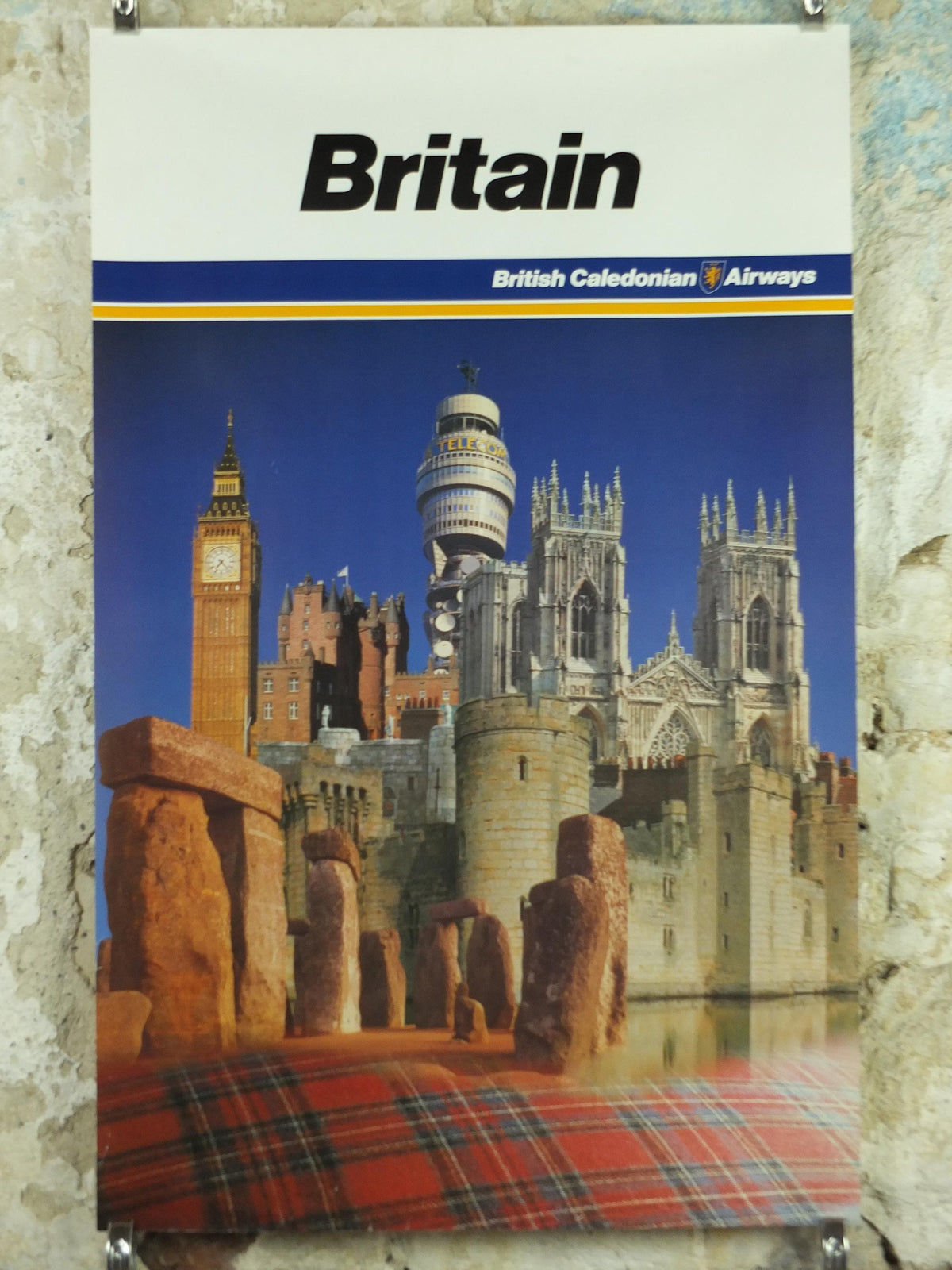1970s Britain Poster, British Caledonian Airways, London, Stonehenge, Big Ben, York Minster, Tartan Aviation, travel wall art decor