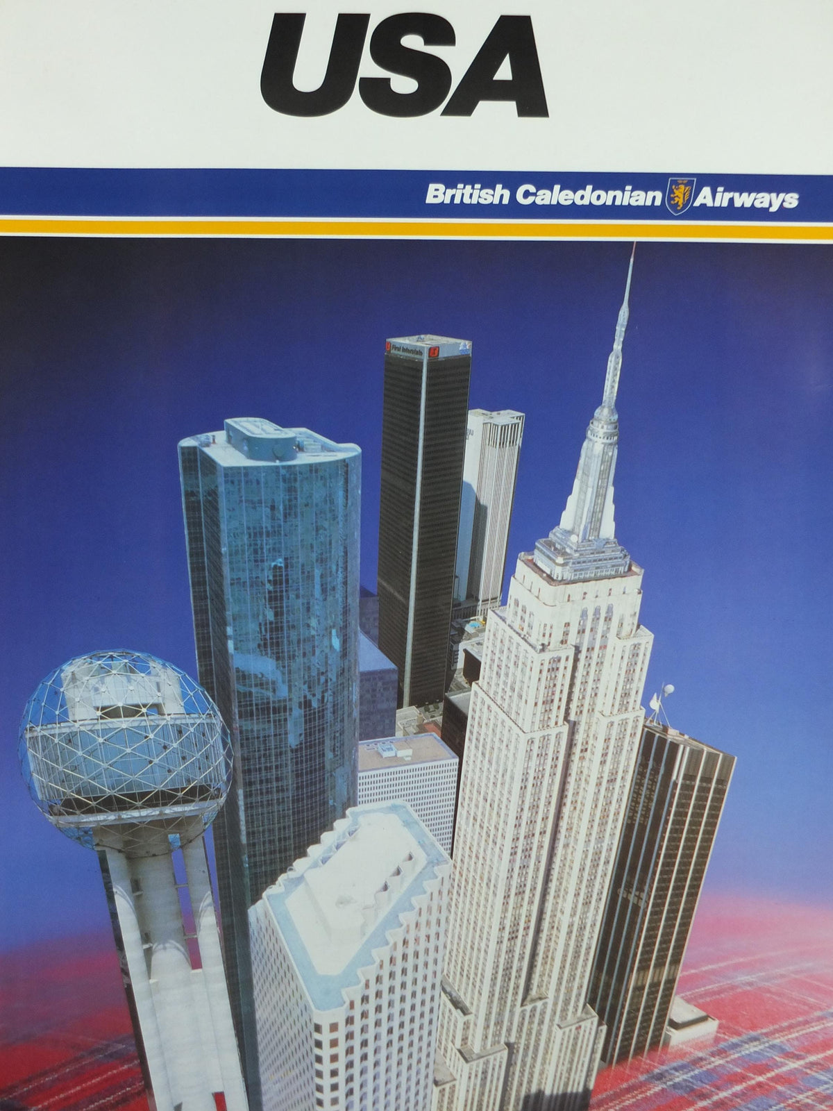1970s USA Poster, British Caledonian Airways, Empire State Building New York, Reunion Tower Dallas, Tartan Aviation, travel wall art decor