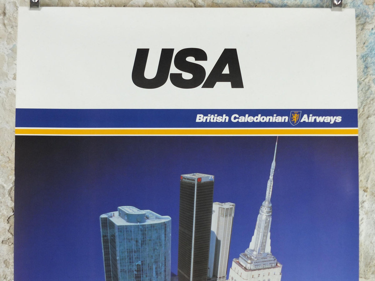 1970s USA Poster, British Caledonian Airways, Empire State Building New York, Reunion Tower Dallas, Tartan Aviation, travel wall art decor