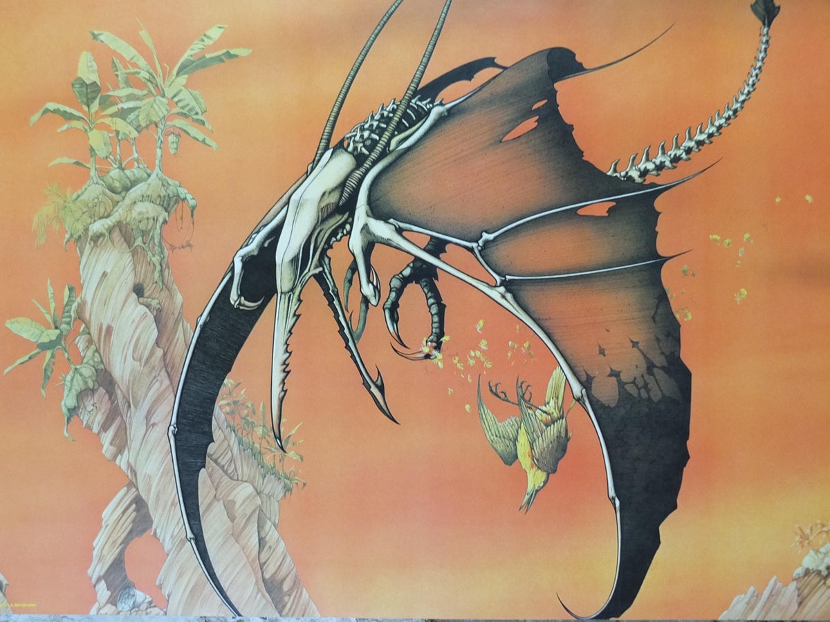 1976 Yellow Bird is Dead Poster, 20th Century Steel Band, Pterodactyl by Rodney Matthews, epic adventure art, dinosaur, scifi wall art decor