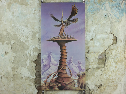 1979 Magnum Poster, Safe and Sound on the Sundial by Rodney Matthews, epic adventure quest art, eagle butterfly wings, scifi wall art decor