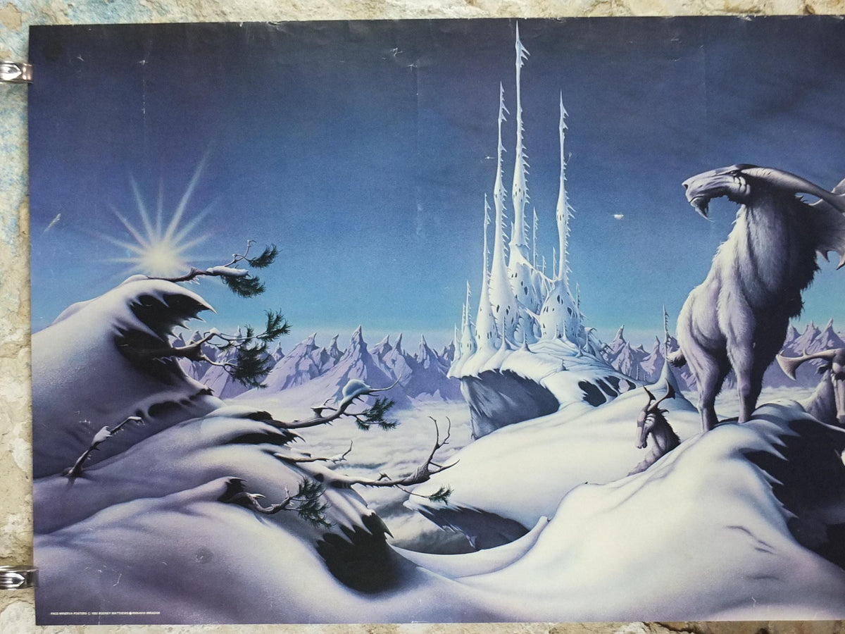 1982 Magnum Poster, Mirador by Rodney Matthews, epic adventure quest art, fantasy stag in an Ice Castle setting, scifi wall art decor