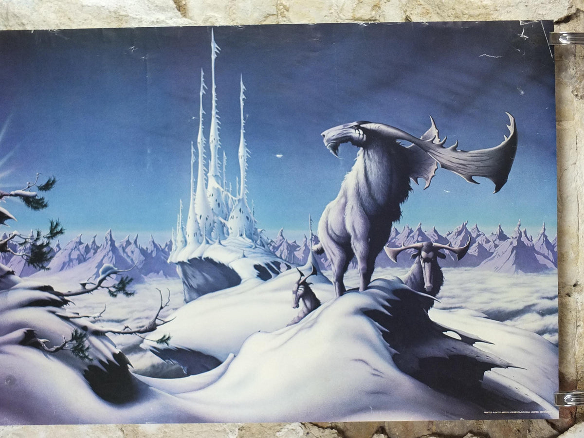 1982 Magnum Poster, Mirador by Rodney Matthews, epic adventure quest art, fantasy stag in an Ice Castle setting, scifi wall art decor