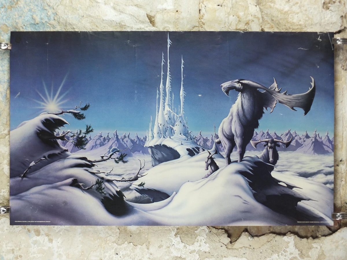 1982 Magnum Poster, Mirador by Rodney Matthews, epic adventure quest art, fantasy stag in an Ice Castle setting, scifi wall art decor