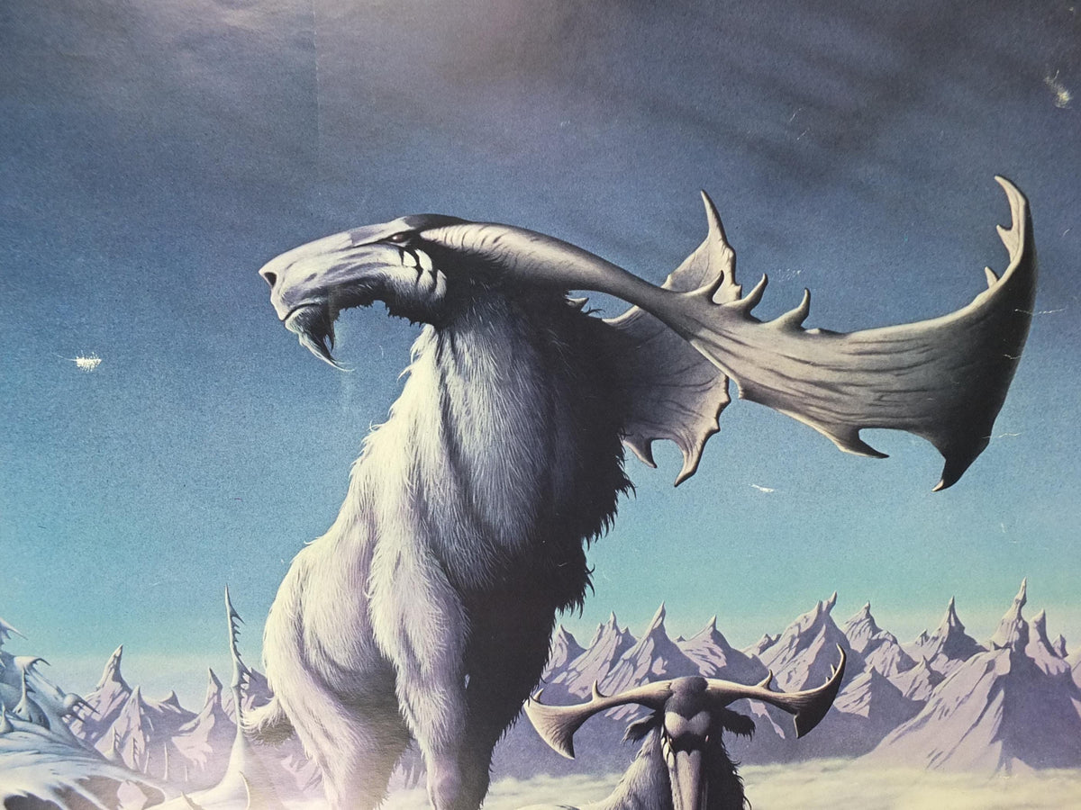 1982 Magnum Poster, Mirador by Rodney Matthews, epic adventure quest art, fantasy stag in an Ice Castle setting, scifi wall art decor