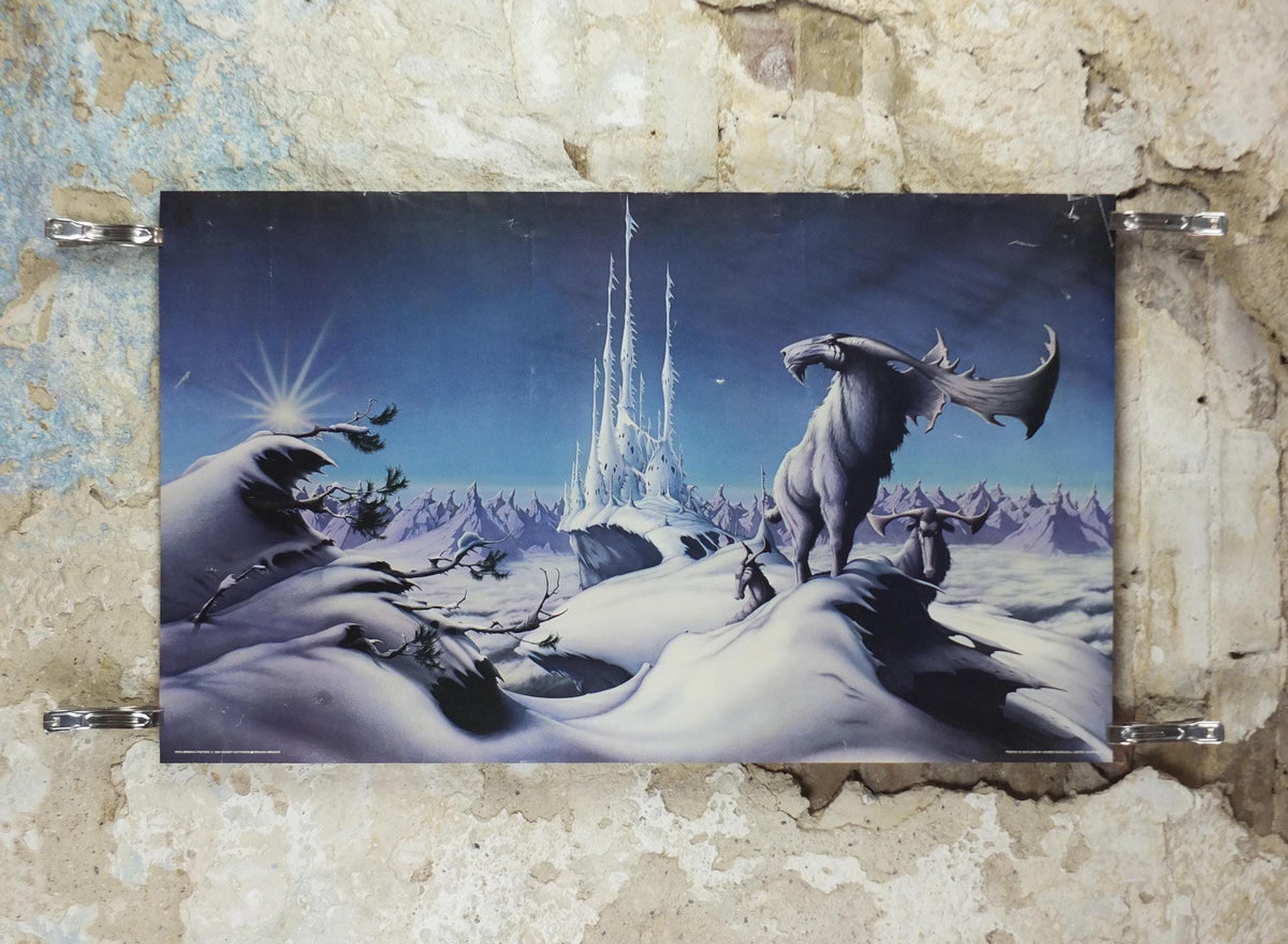 1982 Magnum Poster, Mirador by Rodney Matthews, epic adventure quest art, fantasy stag in an Ice Castle setting, scifi wall art decor