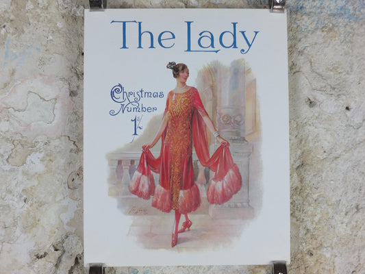 1960s The Lady Poster, Woman in Pink Flapper Christmas style from the 1920s, Womans magazine, fashion Advertising, art deco, wall art decor