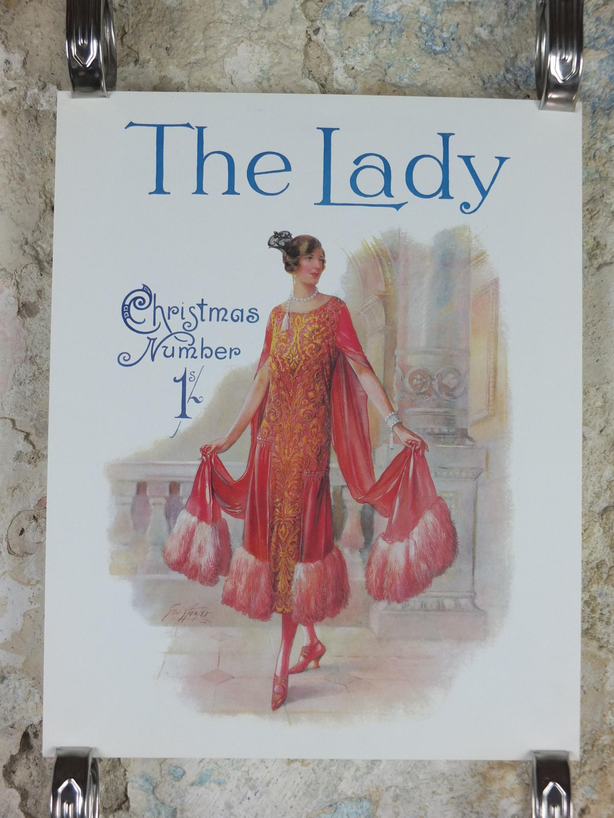 1960s The Lady Poster, Woman in Pink Flapper Christmas style from the 1920s, Womans magazine, fashion Advertising, art deco, wall art decor