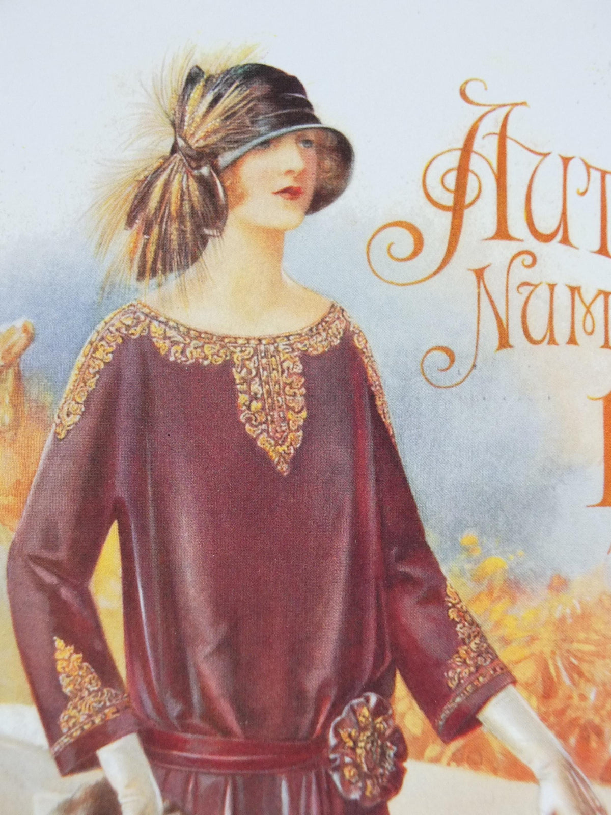 1960s The Lady Poster, Woman in maroon Flapper autumn style from the 1920s, Womans magazine, fashion Advertising, art deco, wall art decor