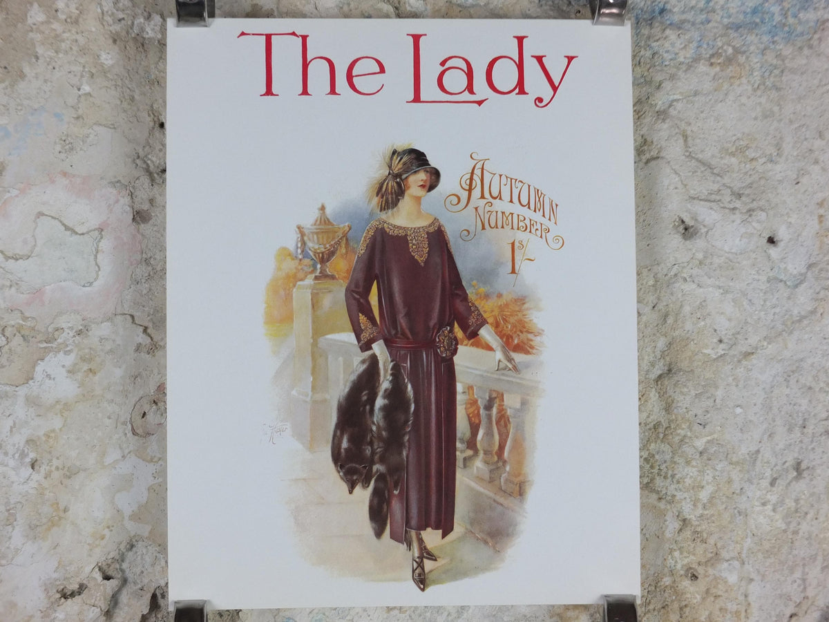 1960s The Lady Poster, Woman in maroon Flapper autumn style from the 1920s, Womans magazine, fashion Advertising, art deco, wall art decor