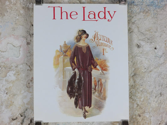 1960s The Lady Poster, Woman in maroon Flapper autumn style from the 1920s, Womans magazine, fashion Advertising, art deco, wall art decor