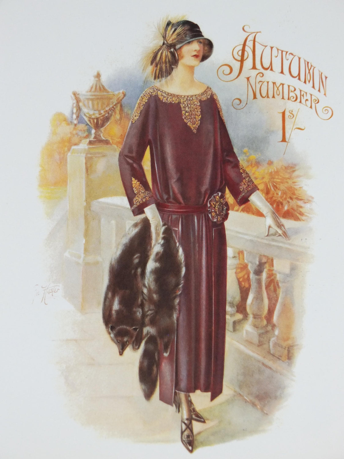 1960s The Lady Poster, Woman in maroon Flapper autumn style from the 1920s, Womans magazine, fashion Advertising, art deco, wall art decor