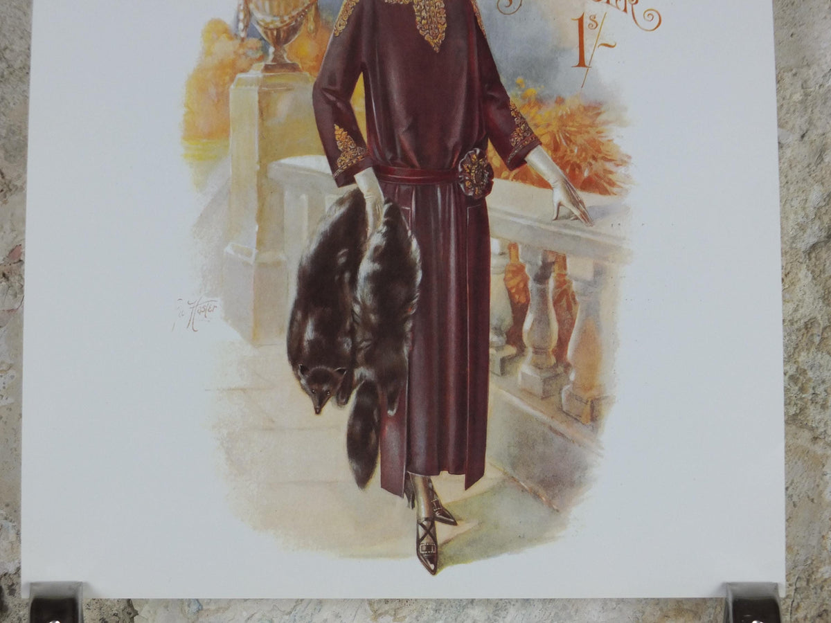 1960s The Lady Poster, Woman in maroon Flapper autumn style from the 1920s, Womans magazine, fashion Advertising, art deco, wall art decor