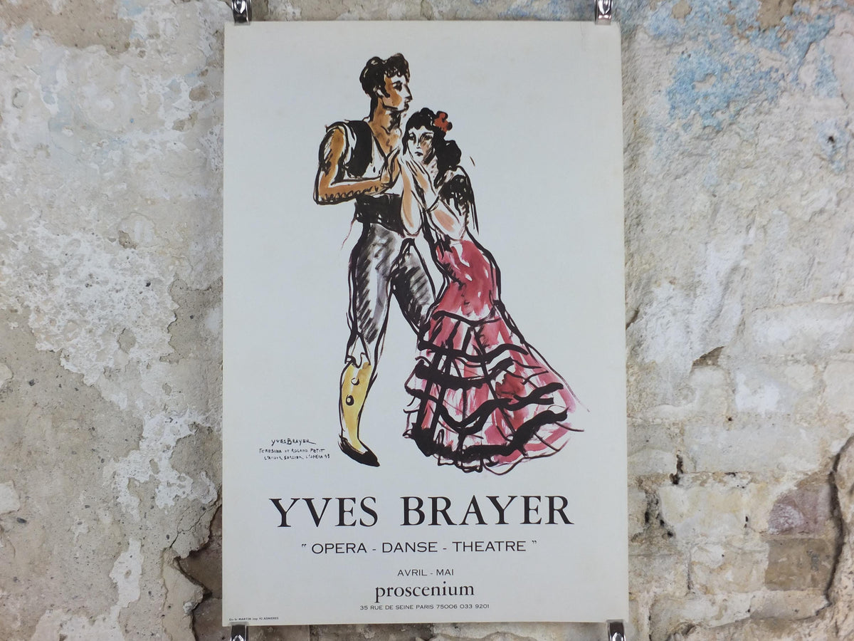 1975 Yves Brayer Poster, flamenco dancing, dancers Teresina and Roland Petit, Procenium, Paris, ballet gallery exhibition, wall art decor