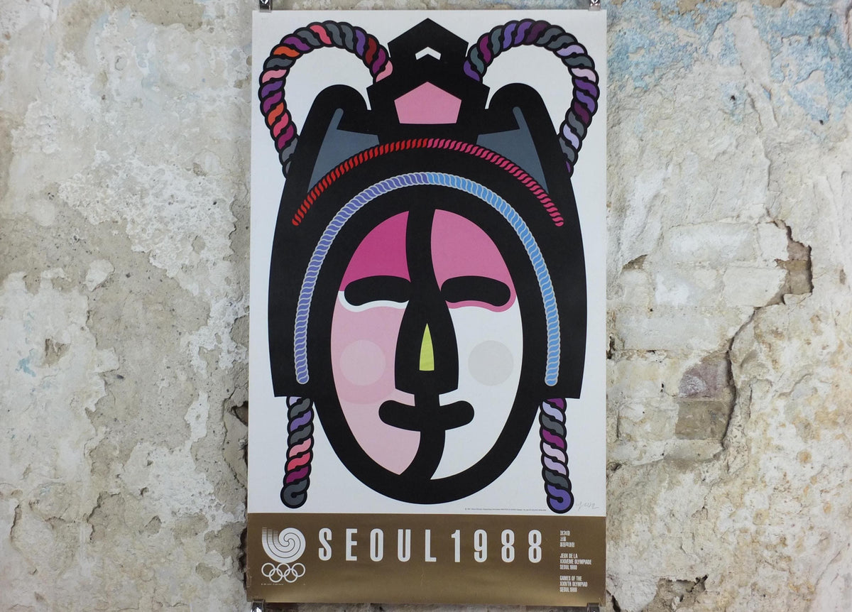 1988 Seoul Olympics Poster, by Ha Jae-Oh, Korean Mask, XXIV Olympiad, colourful sport wall art decor