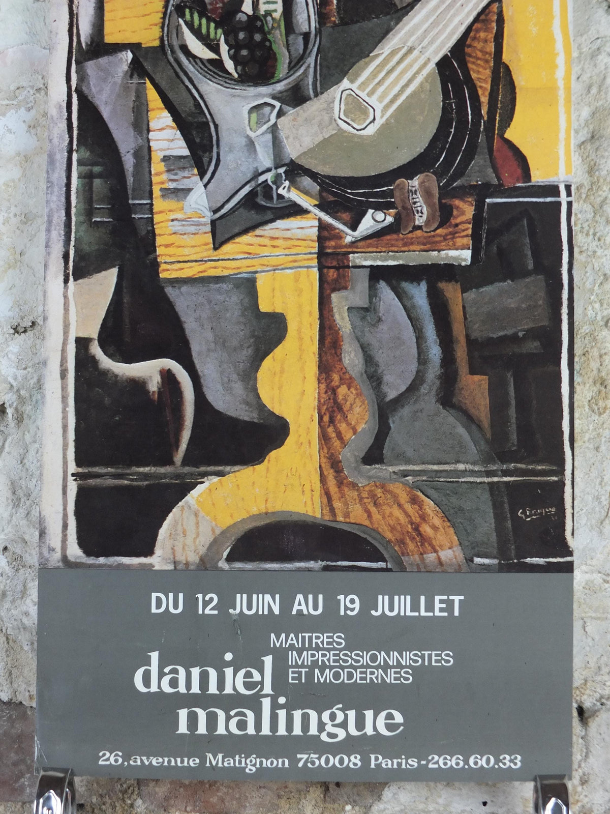 1970s Georges Braque Poster, Still life with fruit & guitar, Daniel Malingue Paris, Cubism, Fauvism, gallery exhibition, wall art decor