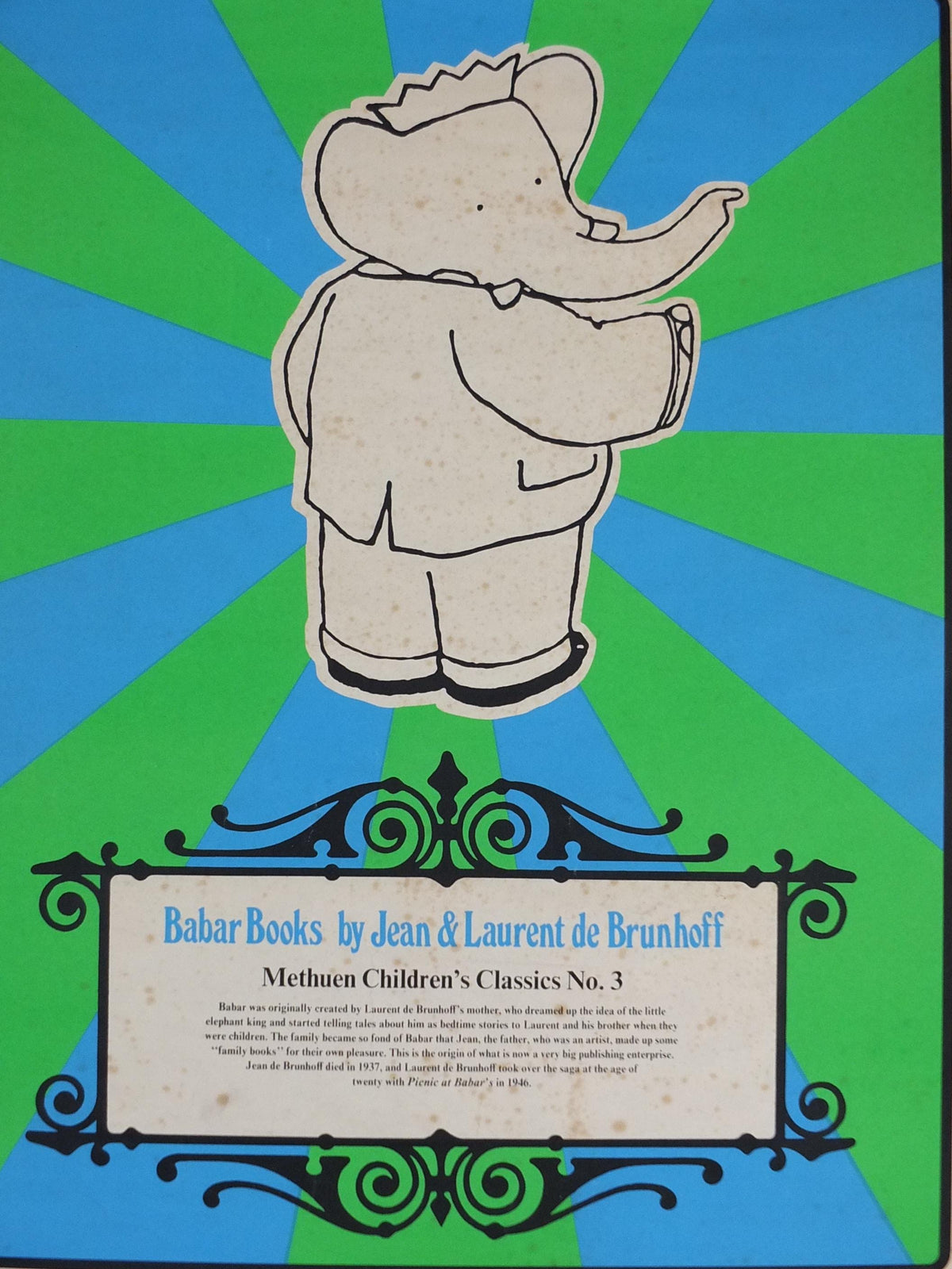 1986 Babar Poster, Methuen Childrens Classics No 3, elephants in blue and green, French cartoon and comic for children, print wall art decor