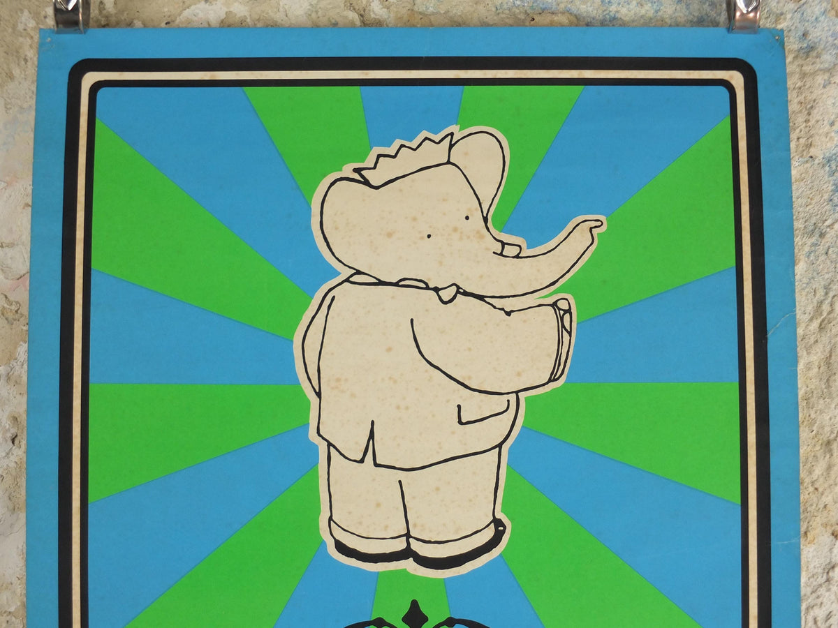 1986 Babar Poster, Methuen Childrens Classics No 3, elephants in blue and green, French cartoon and comic for children, print wall art decor