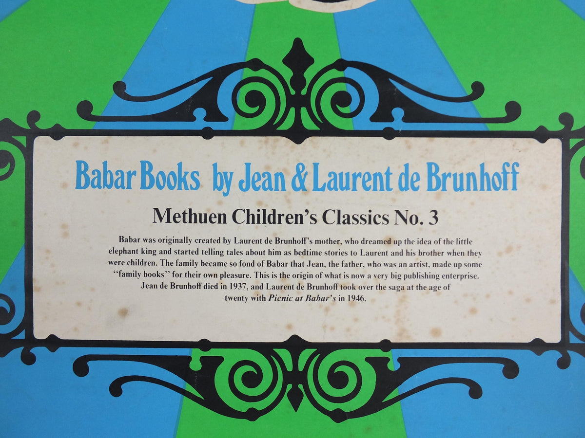 1986 Babar Poster, Methuen Childrens Classics No 3, elephants in blue and green, French cartoon and comic for children, print wall art decor