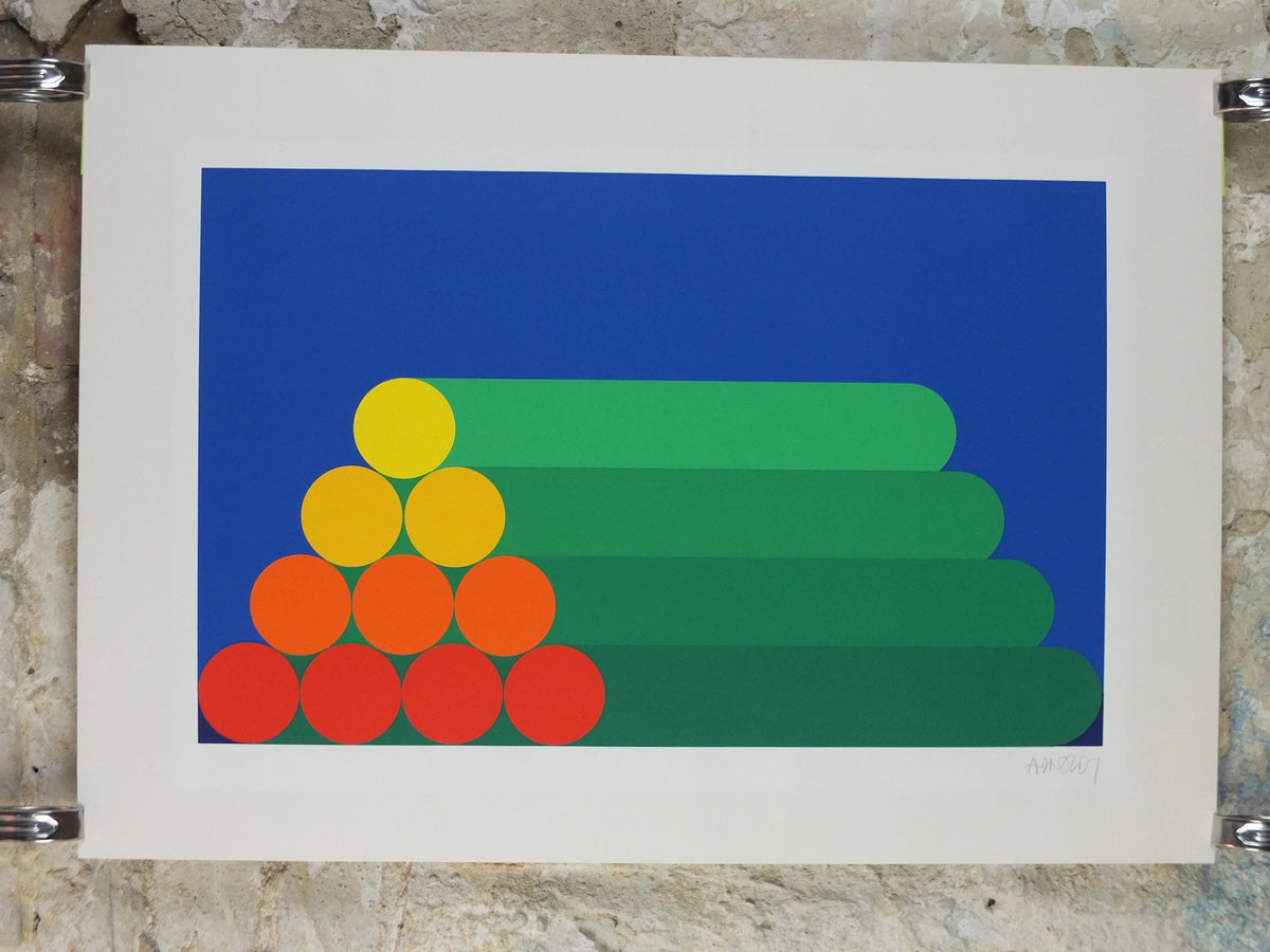 Hand signed Per Arnoldi Poster, 1983 Coloured Cylinders and Circles, Scandinavian Danish Design, wall art decor