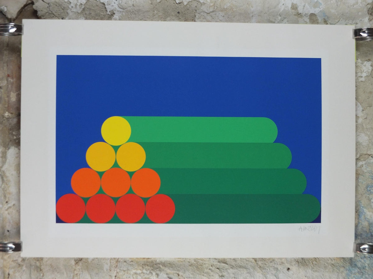 Hand signed Per Arnoldi Poster, 1983 Coloured Cylinders and Circles, Scandinavian Danish Design, wall art decor