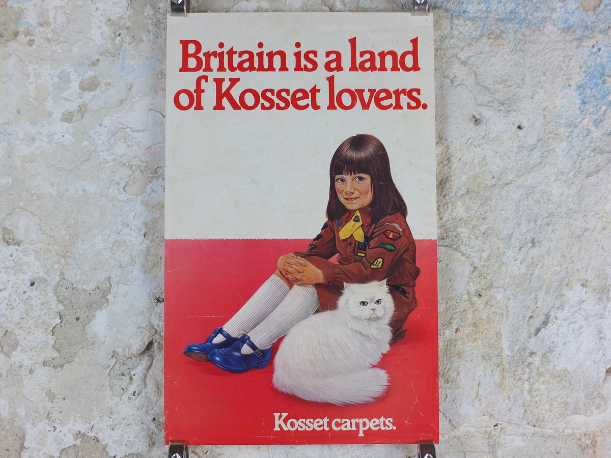 1970s Kosset Carpets Poster, White Persian Cat with Brownies / Girl Guide / Rainbows, wall art retro decor