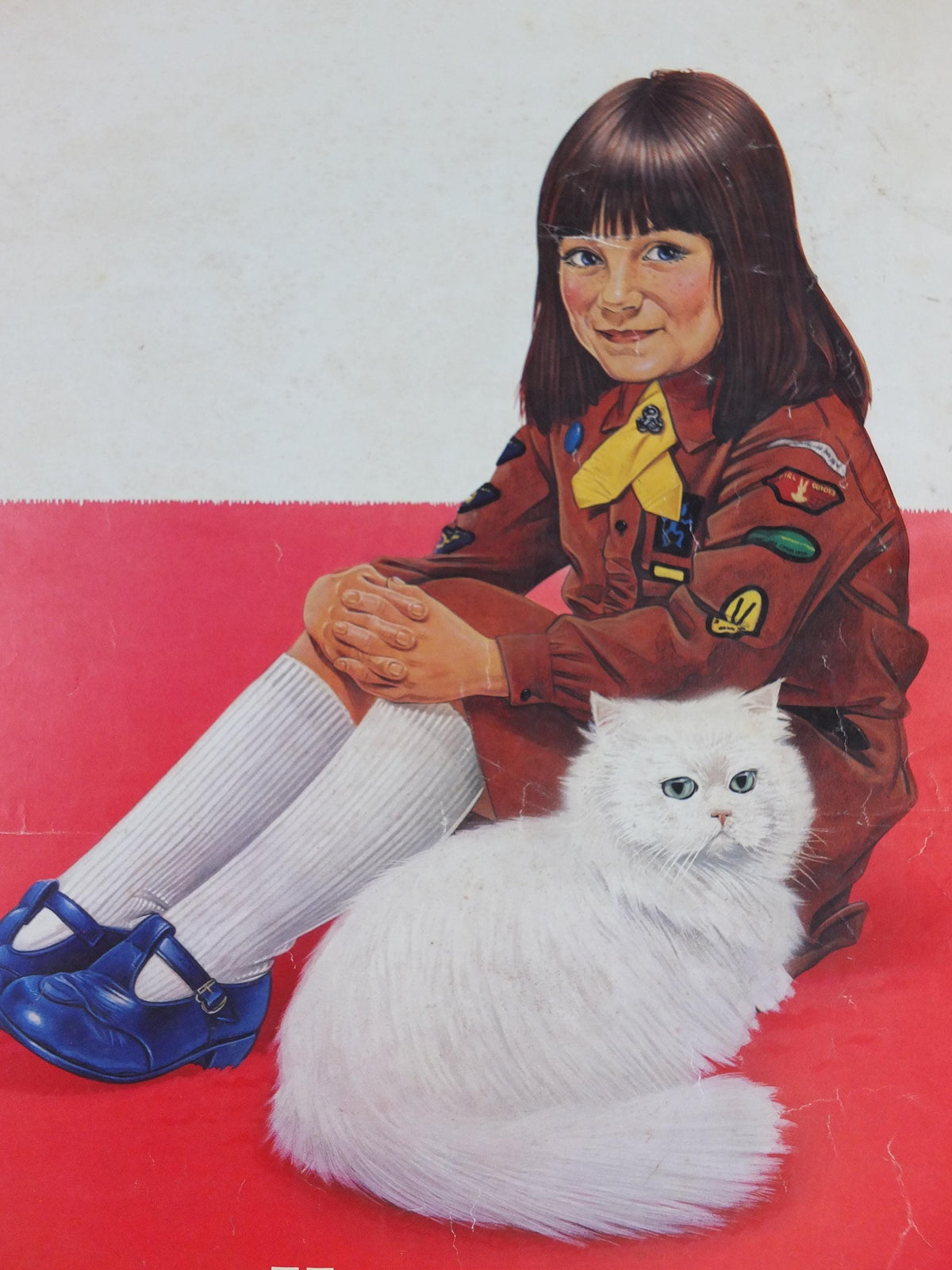1970s Kosset Carpets Poster, White Persian Cat with Brownies / Girl Guide / Rainbows, wall art retro decor