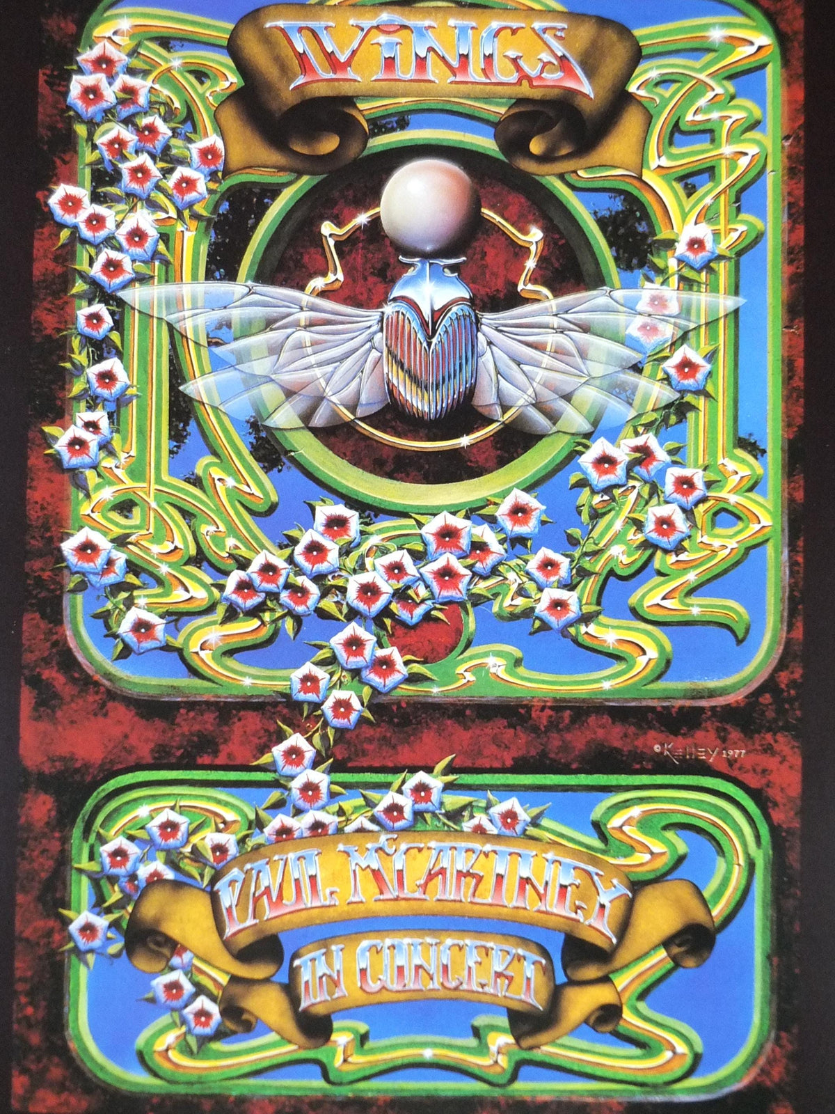 1977 Paul McCartney Wings Poster, In Concert, Beatles, by Stanley Mouse and Alton Kelley, music wall art decor