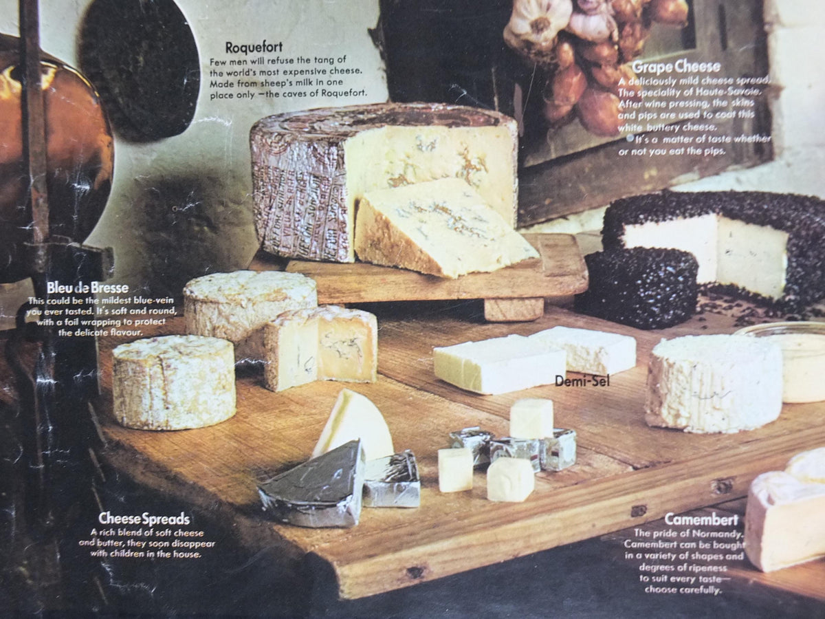 1970s Cheeses of France Poster, Fromages de France, Roquefort, Brie, Camembert, cheesemaking, kitchenalia wall art decor