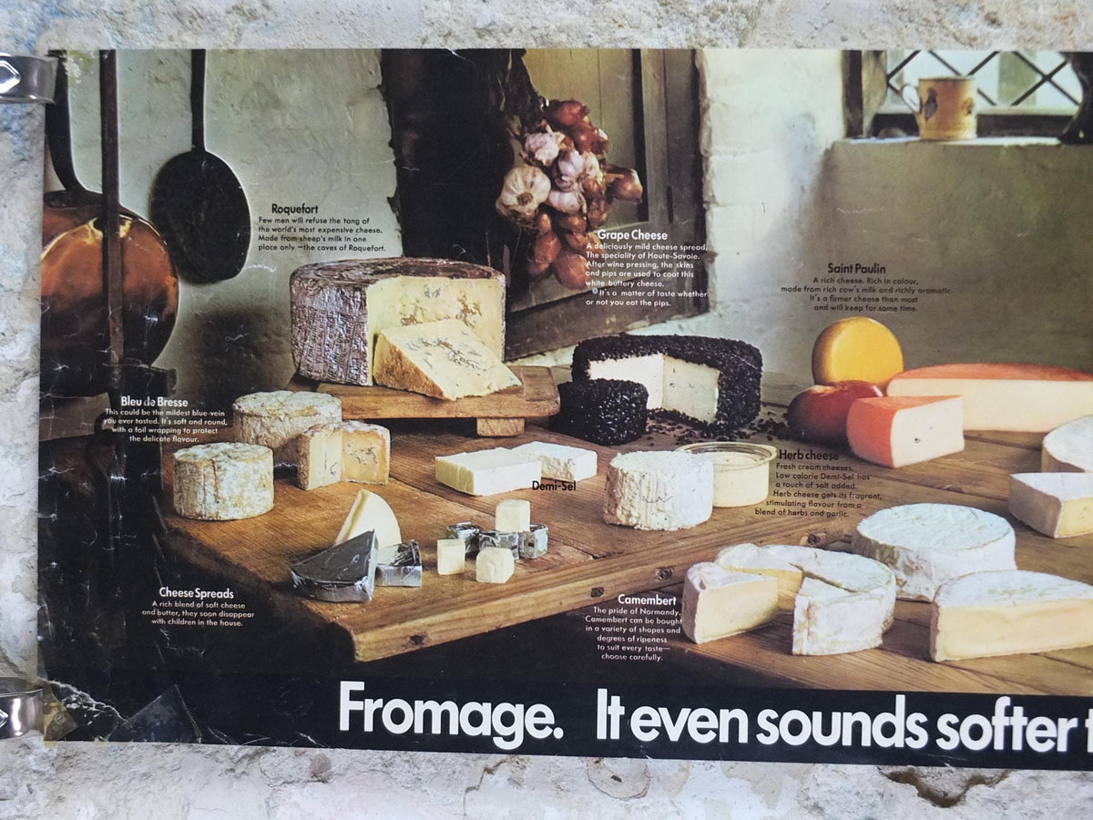 1970s Cheeses of France Poster, Fromages de France, Roquefort, Brie, Camembert, cheesemaking, kitchenalia wall art decor