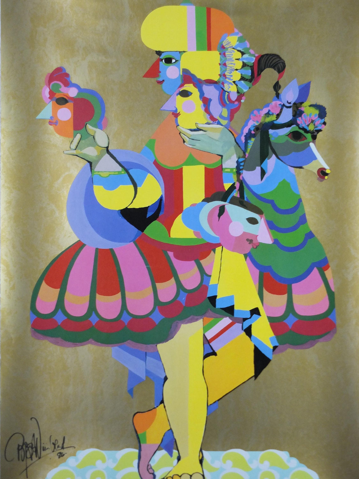 1986 Bjørn Wiinblad Poster, Carnival Cruise Lines Miami Florida, metallic gold, mask and masquerade Danish Design, wall art decor