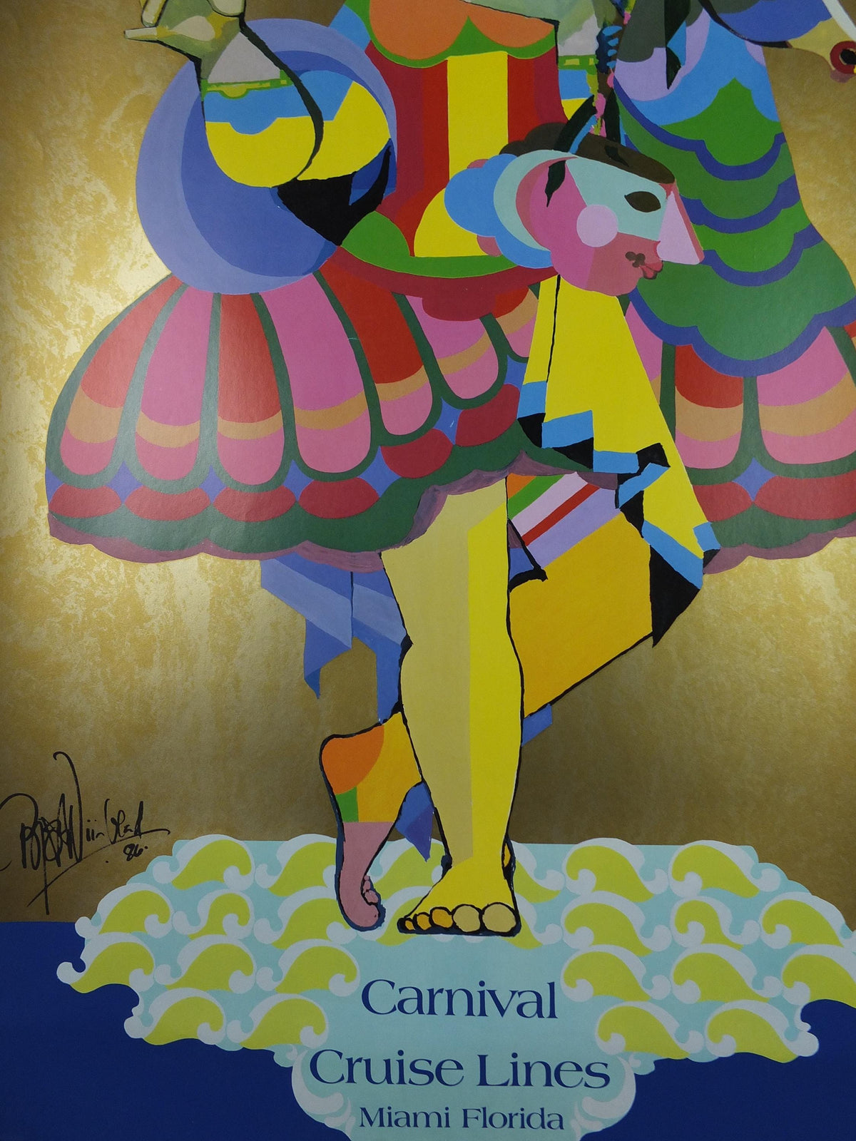 1986 Bjørn Wiinblad Poster, Carnival Cruise Lines Miami Florida, metallic gold, mask and masquerade Danish Design, wall art decor