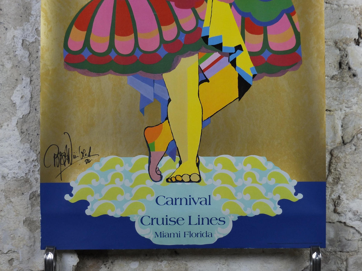 1986 Bjørn Wiinblad Poster, Carnival Cruise Lines Miami Florida, metallic gold, mask and masquerade Danish Design, wall art decor
