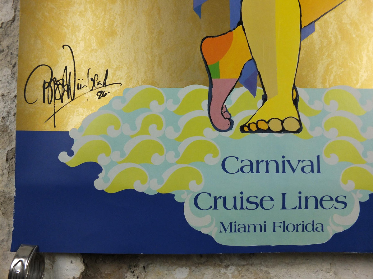 1986 Bjørn Wiinblad Poster, Carnival Cruise Lines Miami Florida, metallic gold, mask and masquerade Danish Design, wall art decor
