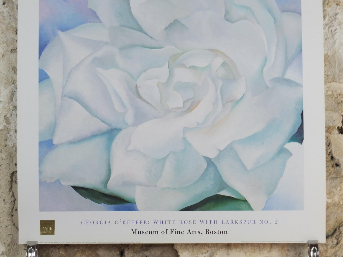 1998 Georgia O'Keeffe Poster, White Rose with Larkspur No 2 1927, American modernism, Precisionism, gallery exhibition wall art decor