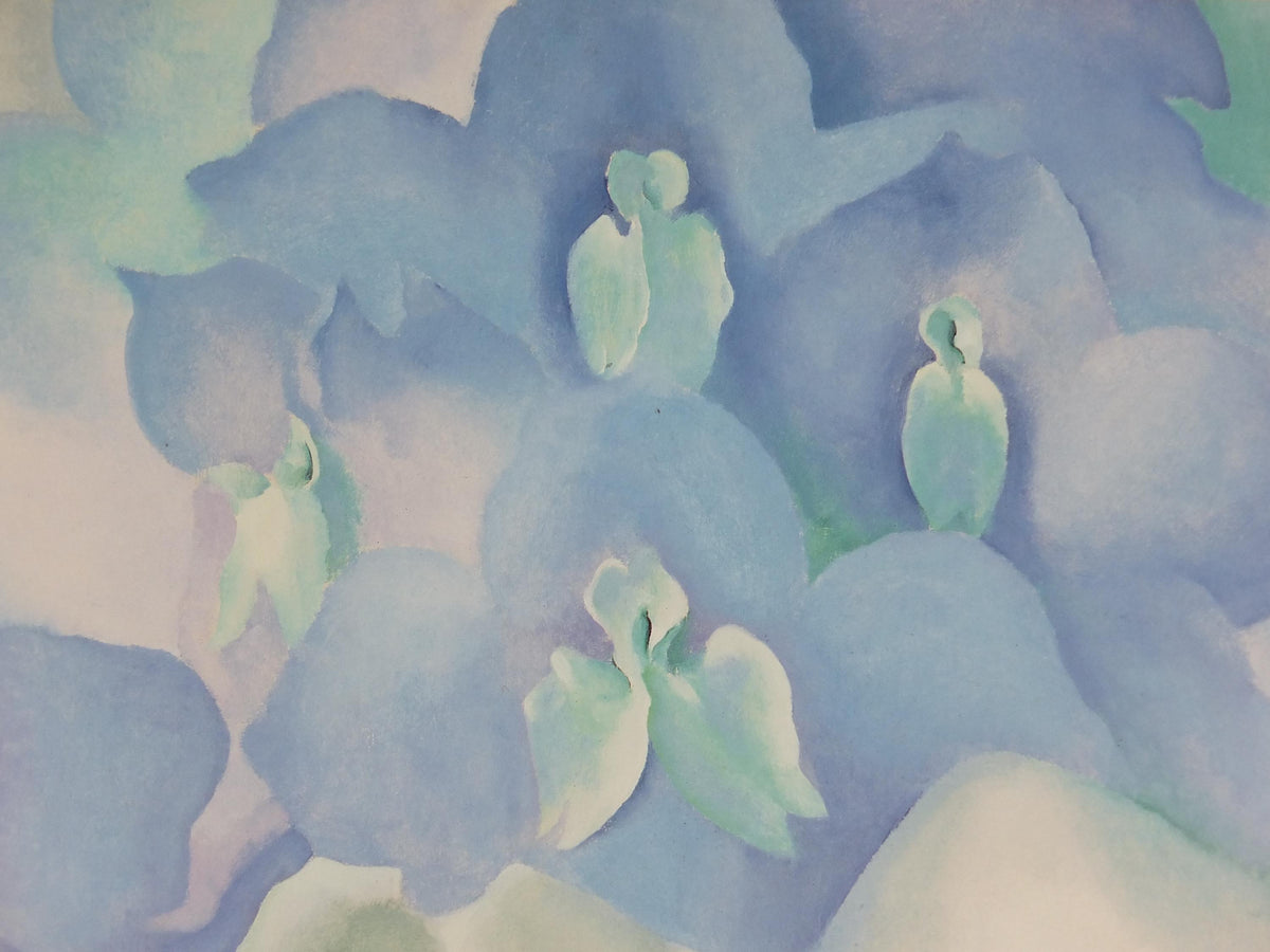 1998 Georgia O'Keeffe Poster, White Rose with Larkspur No 2 1927, American modernism, Precisionism, gallery exhibition wall art decor