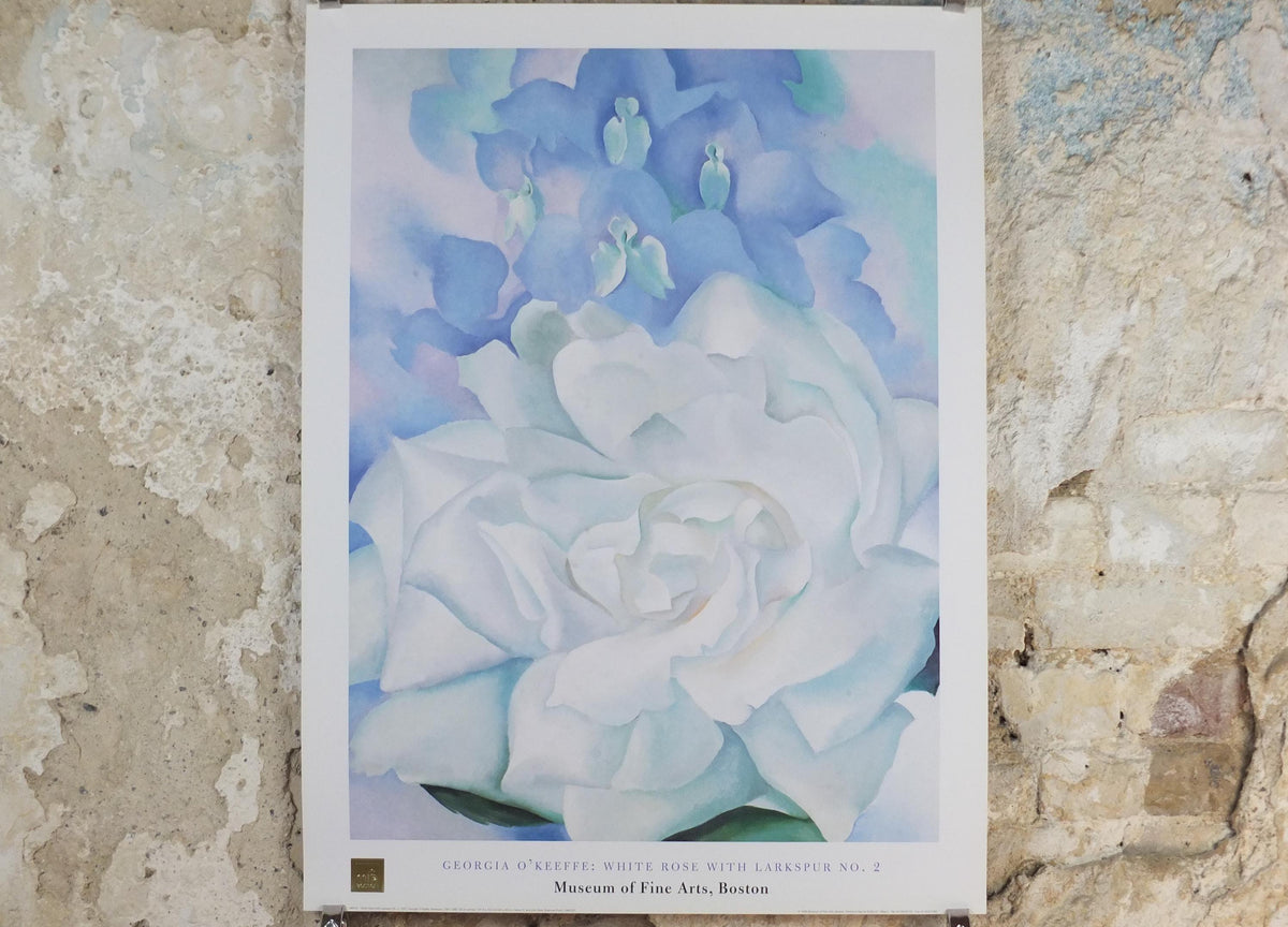 1998 Georgia O'Keeffe Poster, White Rose with Larkspur No 2 1927, American modernism, Precisionism, gallery exhibition wall art decor