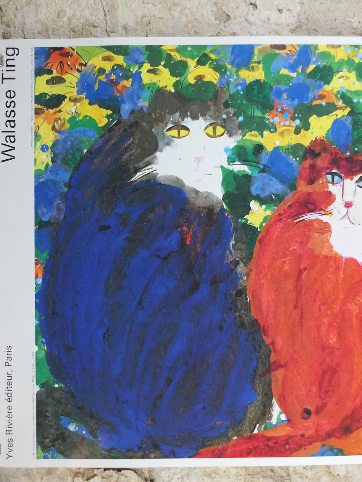 1991 Walasse Ting Poster, Three Cats 1990, blue cat, red cat, blue cat, colourful popular figuratism, pop art, gallery, wall art decor