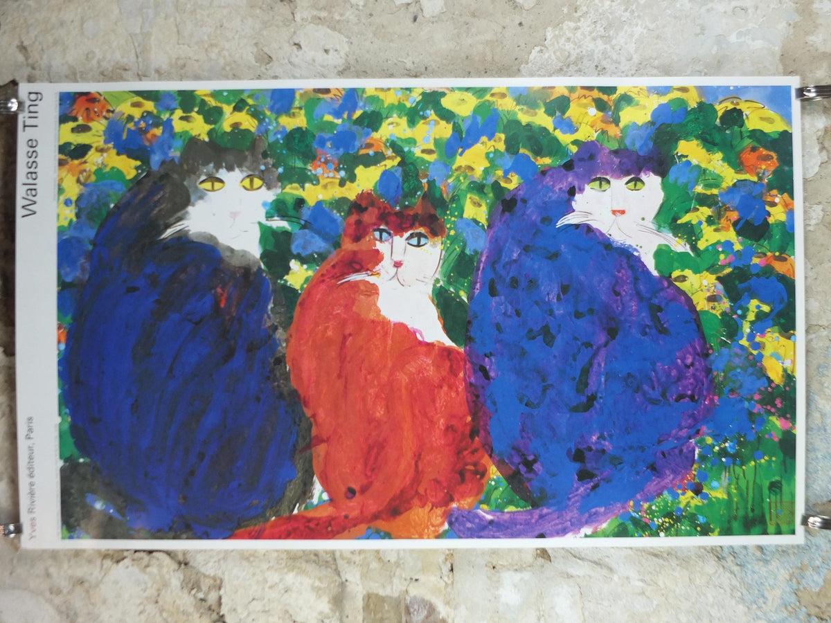 1991 Walasse Ting Poster, Three Cats 1990, blue cat, red cat, blue cat, colourful popular figuratism, pop art, gallery, wall art decor