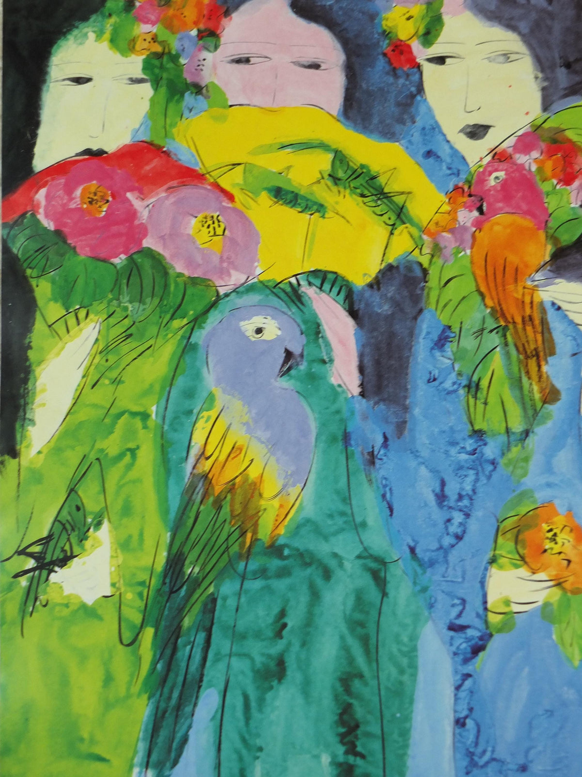 1990 Walasse Ting Poster, Three ladies with fans and parrots, colourful popular figuratism, pop art, gallery, wall art decor