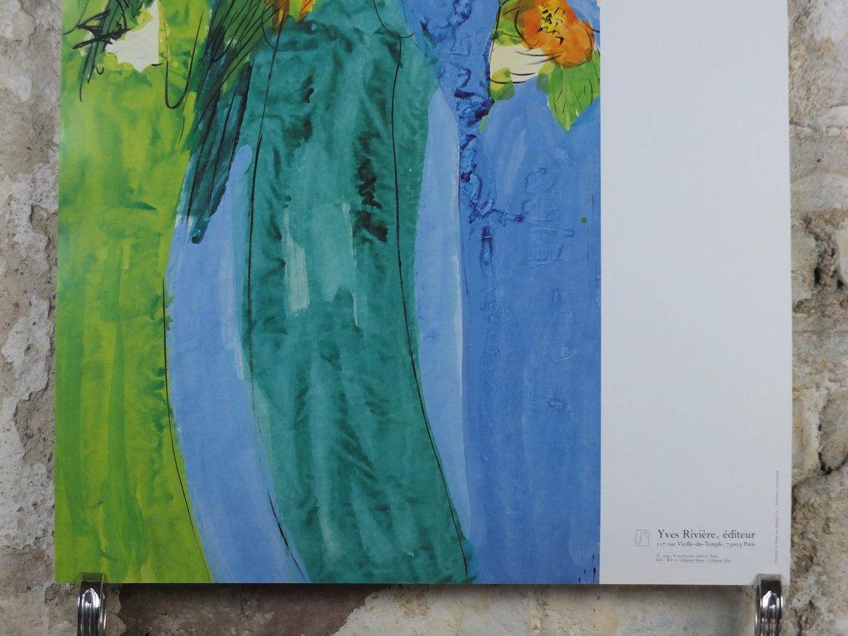1990 Walasse Ting Poster, Three ladies with fans and parrots, colourful popular figuratism, pop art, gallery, wall art decor