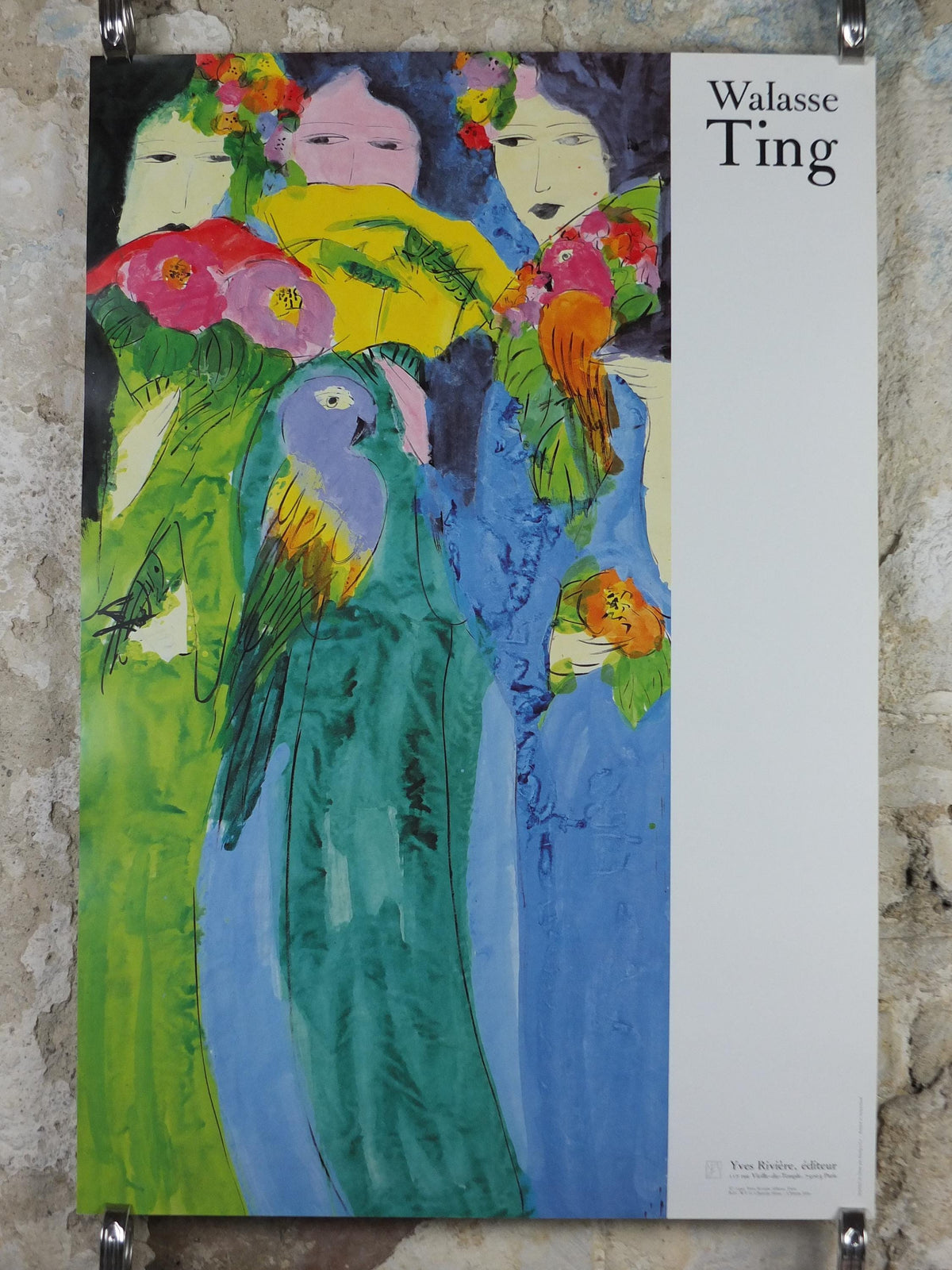 1990 Walasse Ting Poster, Three ladies with fans and parrots, colourful popular figuratism, pop art, gallery, wall art decor