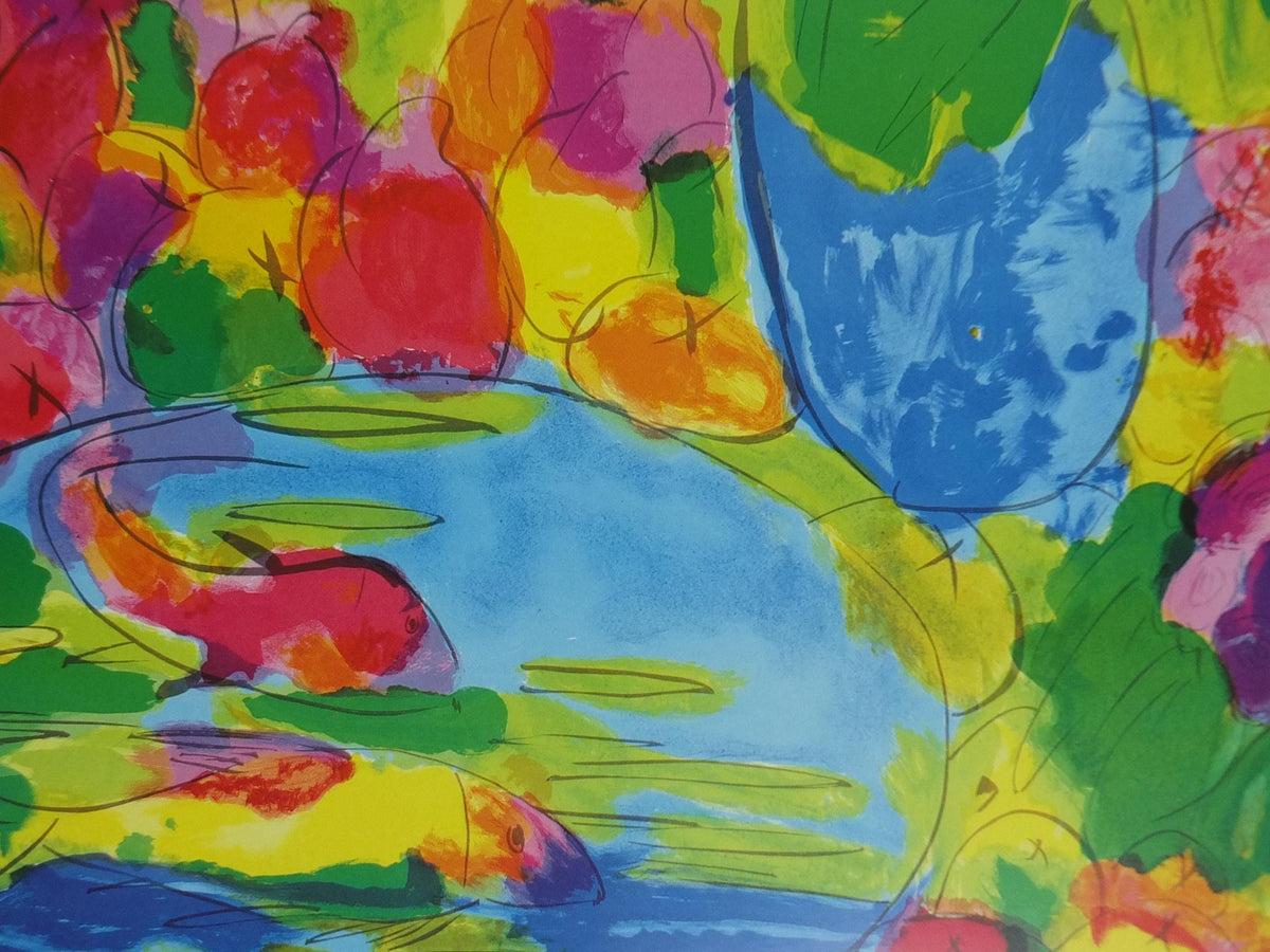 1990 Walasse Ting Poster, Peaches and Flowers, summer garden, colourful popular figuratism, pop art, gallery exhibition, wall art decor