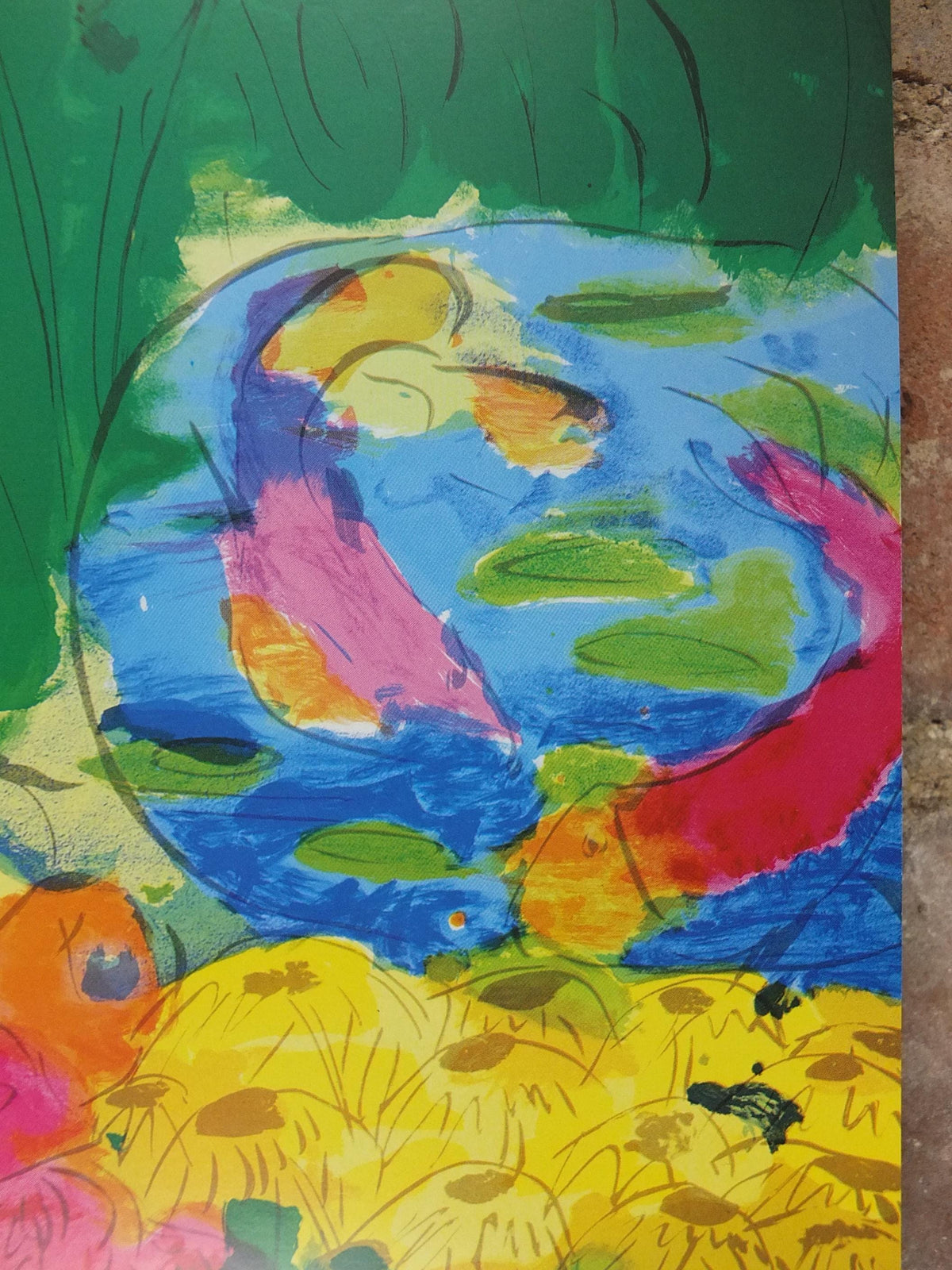 1990 Walasse Ting Poster, Peaches and Flowers, summer garden, colourful popular figuratism, pop art, gallery exhibition, wall art decor